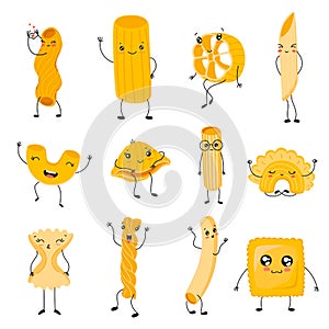 Pasta characters. Funny noodles with cute faces, hands and feet, comic spaghetti, rigati and fettuccine, happy italian