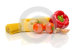 Pasta, cheese and vegetables on white background