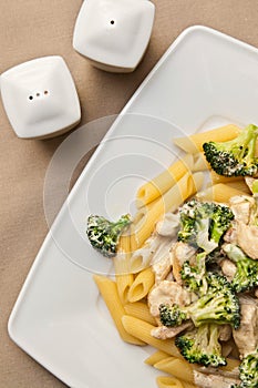 Pasta with chicken and broccoli dish