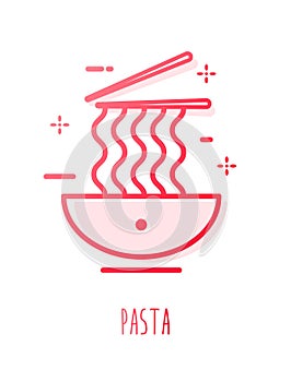 Pasta with chopsticks in color line style. Vector