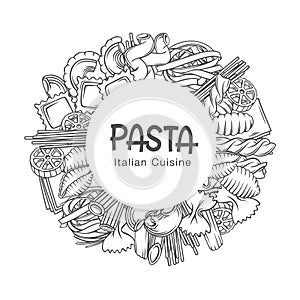 Pasta circle frame hand drawn vector monochrome outline illustration on white with lettering for macaroni wrapping