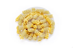 Pasta close-up. Fusilli spirale, on white background. Full depth of field photo