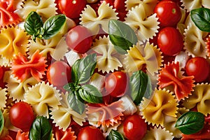 Pasta colored farfalle salad with tomatoes, mozzarella and basil