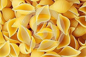 Pasta Conchiglie Rigate seashells as background.