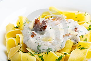 Pasta with cream sauce with chanterelle