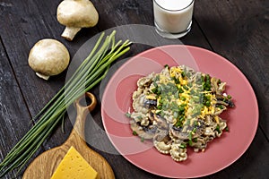 Pasta in a creamy sauce with mushrooms in a plate on a dark wooden table next to a glass of cream, cheese on the board, green