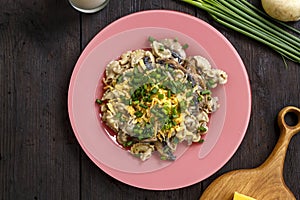 Pasta in a creamy sauce with mushrooms in a plate on the table next to green onion feathers and cheese