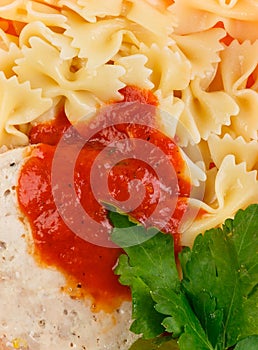 Pasta with cutlet food for lunch or dinner healthy food closeup top view