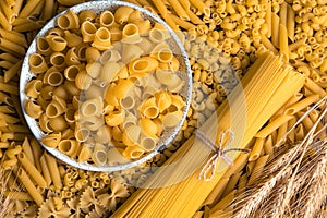 Pasta of different types in a large assortment. The view from the top.