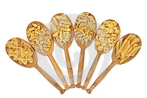 Pasta Dried Food in Oak Wood Spoons