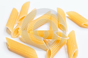 Pasta from durum wheat curls fusilli, cavatappi, unprepared, raw pasta cellentani handmade isolated on white background close up