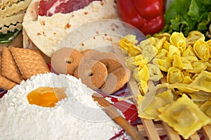 Pasta, egg, flour, biscuits