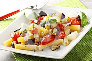 Pasta with eggplant, cherry tomatoes and mozzarella