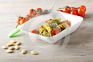 Pasta with fennel pesto, almonds and cherry tomatoes