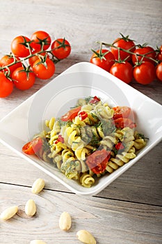 Pasta with fennel pesto, almonds and cherry tomatoes