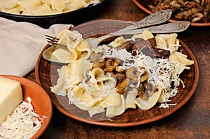 Pasta fettuccine with mushrooms and meat