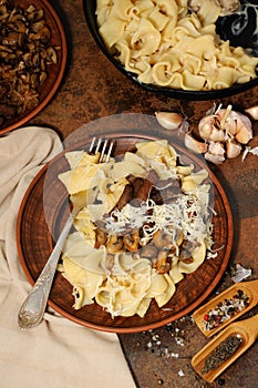 Pasta fettuccine with mushrooms and meat