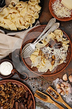 Pasta fettuccine with mushrooms and meat