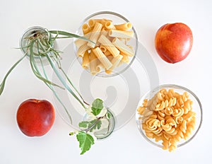 Pasta food knolling and fresh fruity snack