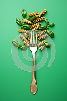 Pasta fork with fresh basil leaves on minimalistic studio background culinary concept