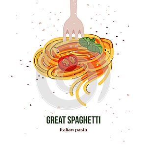 Pasta on fork. Italian traditional food, Italy cuisine, spaghetti cook in restaurant, fresh tasty meal, travel card