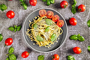 Pasta with fresh homemade pesto sauce and food ingredients