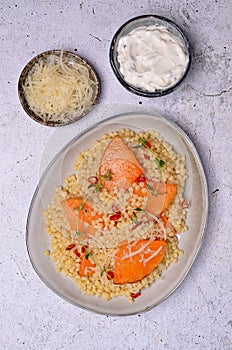 Pasta with fried pumpkin slices