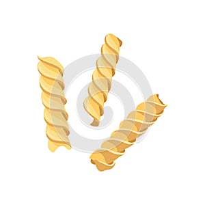 Pasta fusilli. Restaurant delicious menu icon. Raw macaroni. Italian cuisine, wheat flour product. Vector cartoon pasta