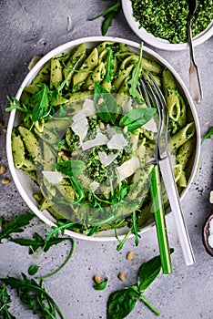 Pasta with green beans, potatoes and pesto. .style rustic