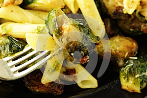 Pasta with green vegetables roasted brussel sprouts and pesto sauce