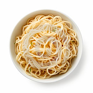 Symmetrical Bowl Of Spaghetti With Herbs On White Background photo