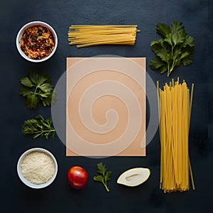 Pasta ingredients with a blank page for recipe creation