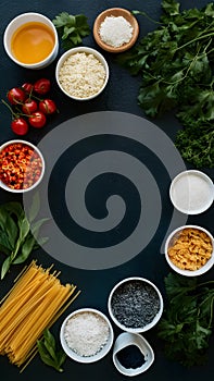 Pasta ingredients with a blank page for recipe creation