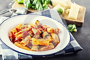 Pasta. Italian and Mediterrannean cuisine. Pasta Rigatoni with tomato sauce basil leaves garlic and parmesan cheese.