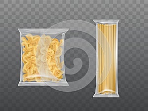 Pasta in limpid package set dry macaroni spaghetti