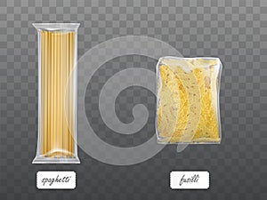 Pasta in limpid package set dry macaroni spaghetti