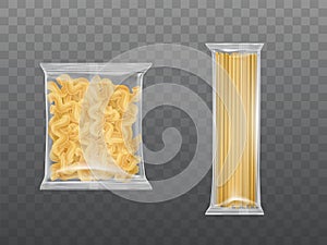 Pasta in limpid package set dry macaroni spaghetti photo