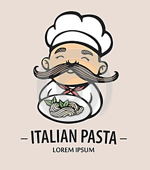 Pasta logo. Hand drawn vector illustration of chef-cooker with a mustache and plate with spaghetti. Colorful Italian