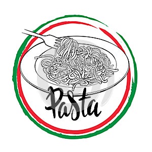 Pasta logo, handwritten lettering, sketch dish with pasta