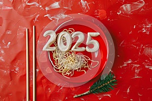 Pasta macaroni 2025 numbers, noodles new year greeting card, spaghetti celebrate banner, pasta eve poster