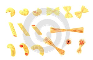 Pasta and macaroni icon set. Italian uncooked spaghetti, farfalle, penne isolated on white background 3d render. Various