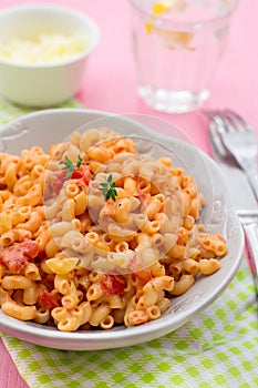 Pasta macaronis stortini coquillettes with tomato and cheese sauce