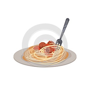 Pasta with meatballs on a plate. Vector illustration.