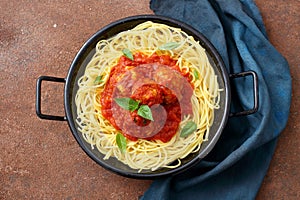 Pasta Meatballs in tomato sauce in metal pan
