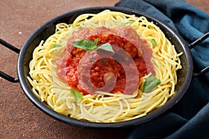 Pasta Meatballs in tomato sauce in metal pan