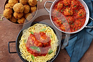 Pasta Meatballs in tomato sauce in metal pan