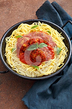 Pasta Meatballs in tomato sauce in metal pan