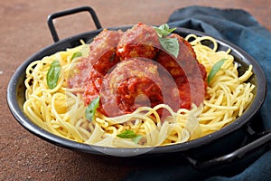 Pasta Meatballs in tomato sauce in metal pan