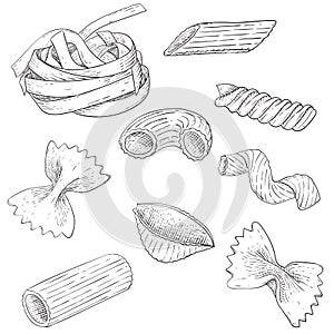 Pasta mix. Hand drawn sketch. Scattered single pieces