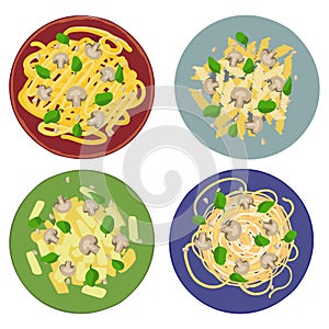 Pasta mushroom with Spaghetti, penne, tagliatelle and fisilli on colored plates.